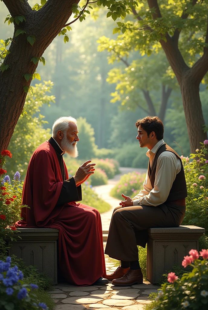 An elderly priest talking to a rich young man, they are both sitting on a bench in a garden