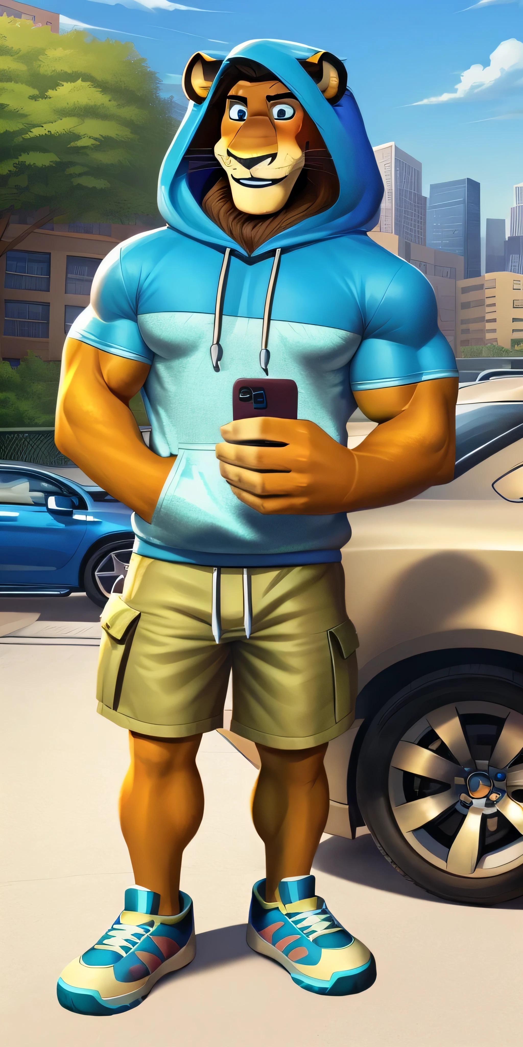Alex the Lion, muscular body, big biceps, extremely beautiful and cute face, perfectly detailed blue eyes with perfectly detailed pupils, wears blue sweatshirt, hood, light green cargo shorts, blue sneakers, parking background, standing around luxury car, selfie, gentle look, cute smile