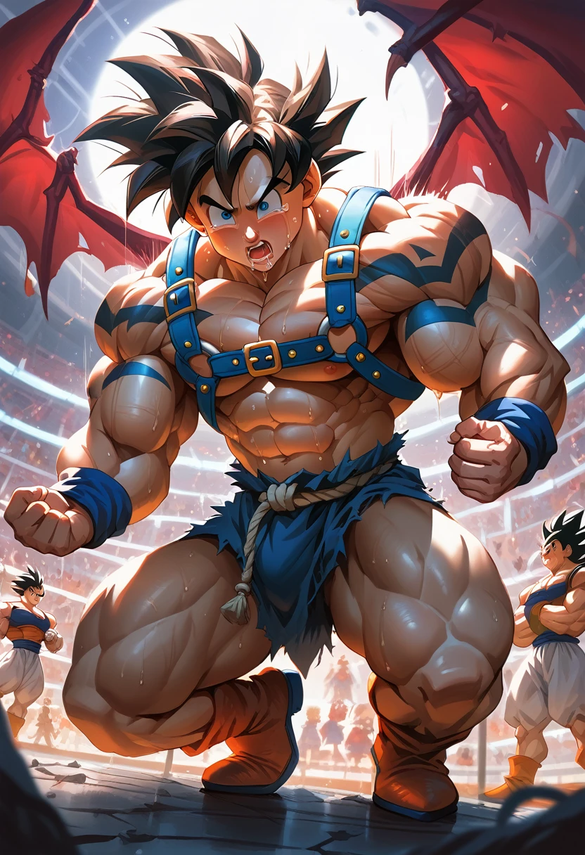 Huge muscles,Crying face,Lots of drool and sweat,Harness,Young face,teenager face,Huge erect penis,Full body image,Young body,Muscular legs,Wearing boots,Large, toned muscles,Goku,super saiyan,Imminent sexual activity,Demon body, wings and horns,Shaking violently,Group Sex,Obscene tattoos,Engage your audience,Brown Hair