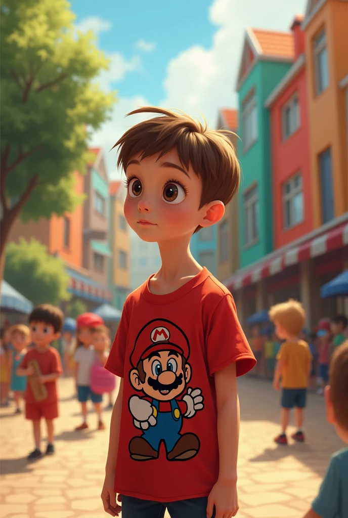 create a playful boy with a red shirt with mario bros face print , super short light brown hair and fair skin, lightbrown eyes, fine nose, no freckles,thin body in the playground alone, too sad, watching the children play