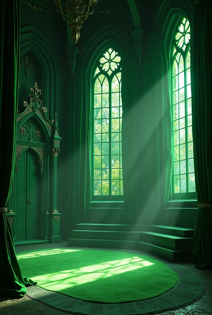 Can you create a huge royal hall??, very wide, with gothic style windows with green curtains, with completely green walls and very little French medieval style furniture, green carpet floor, green carpets, completely green upholstery, very intense, through the green stained glass windows , opaque cases?
INFO