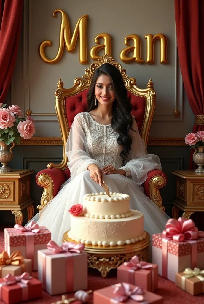 create realistic illusion image of a 24 old girl is sitting on princess chair , wear
white Pakistani dress and she is cutting birthday cake there are many royal gifts kept to it and ,3d text is written on the wall MAAN birthday