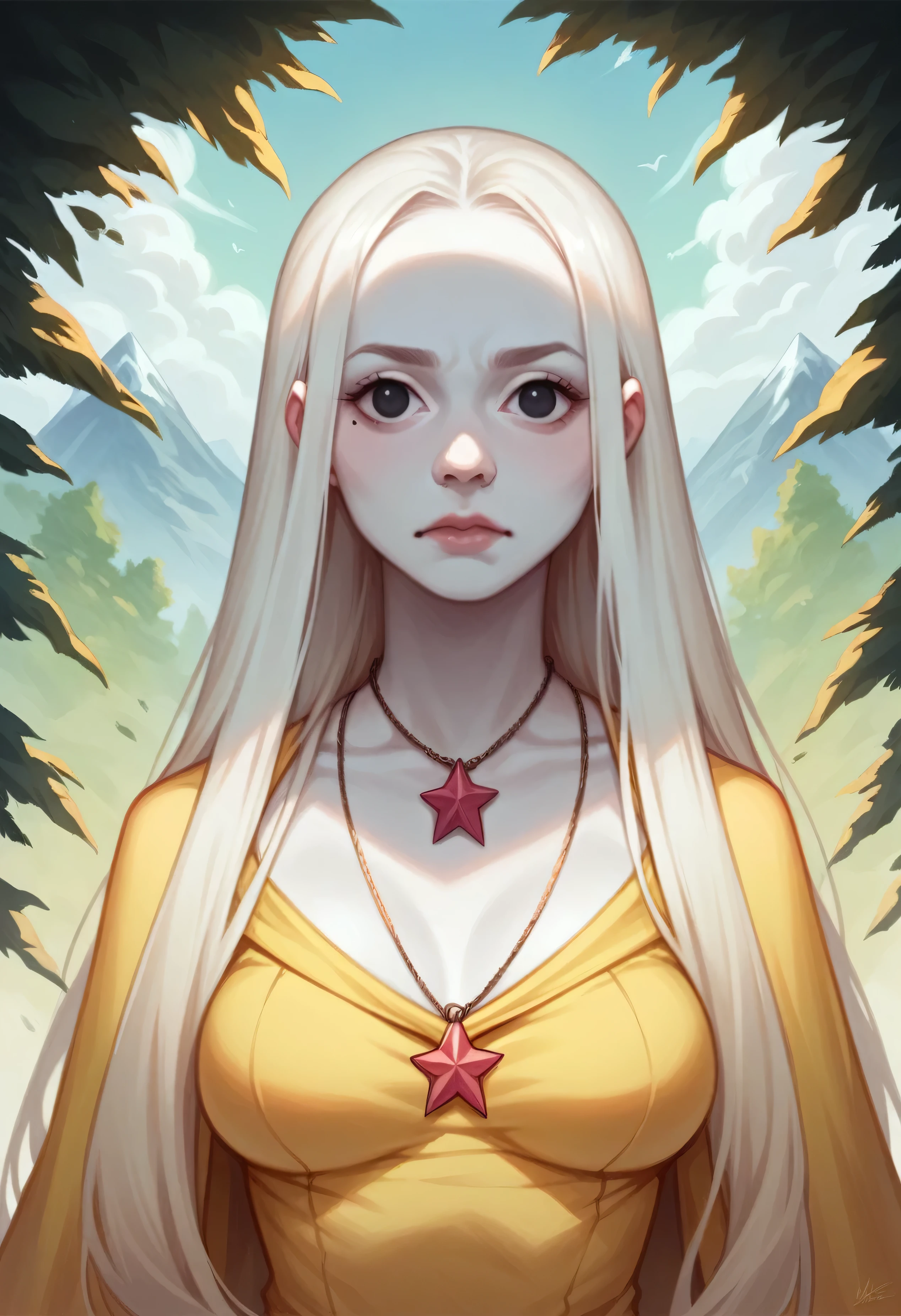young woman, 2, very long blond hair, straight with bangs, dimpled chin, sunken cheek, caressed jaw, white skin, round black eyes, princess, large nose, mole, pendant with a star, realistic style with shadows and detailed realism, comics,background with trees and mountains, white yellow dress,breast