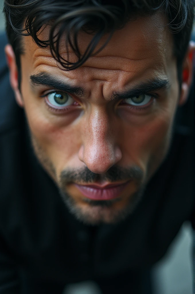 A close-up shot of John’s intense eyes, sharply turned towards the pickpocket. His eyes are wide with focus, and the background is out of focus, emphasizing his immediate reaction to the crime.