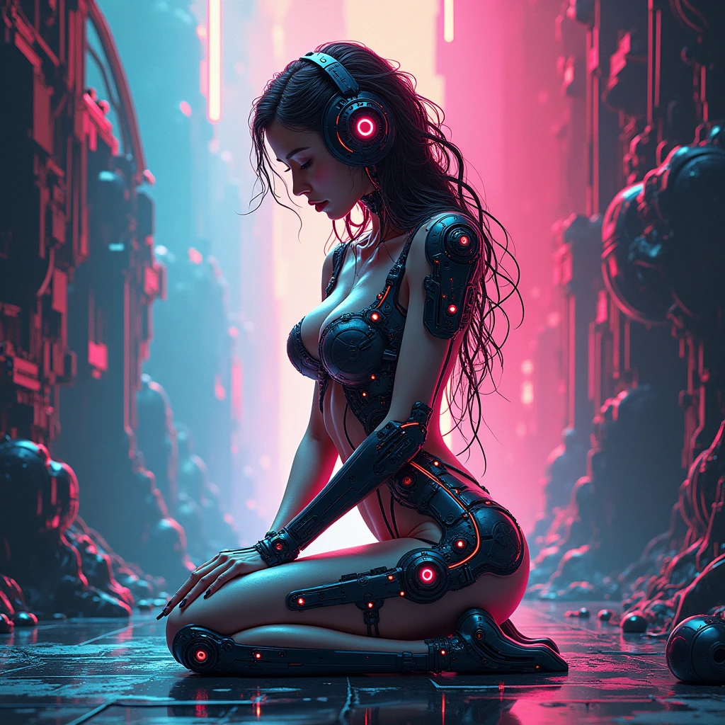 Beautiful female cyborg kneeling on the ground,whole body,psychedelic,Vector art,Layered textures,progressive,pop,sf,cyber punk,Super sexy:2.0