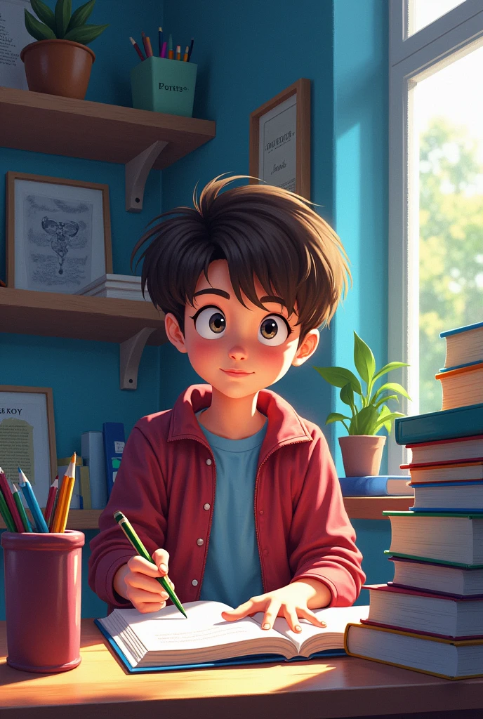 Color drawing of teenager studying