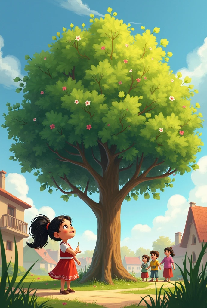  Tree in the background, with its branches subtly growing taller, its leaves becoming greener, and its flowers blooming more vibrantly each time Lily does something kind. Capture the warmth and joy in both Lily’s expression and the villagers as they notice the tree’s steady growth.”