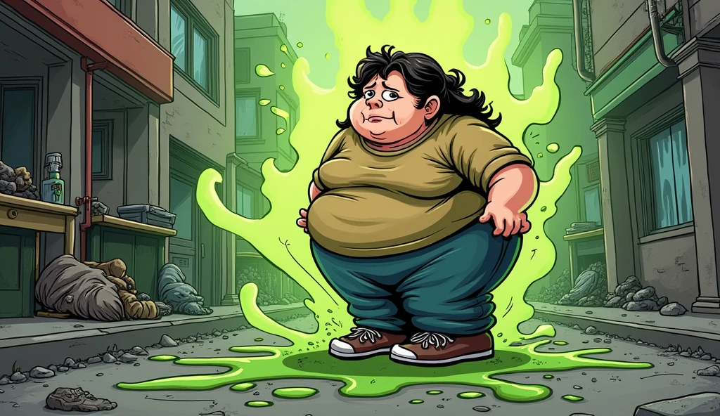 beautiful obese young homeless woman with worn out clothes farting and releasing olive green stink fumes from her rear, comic book artstyle