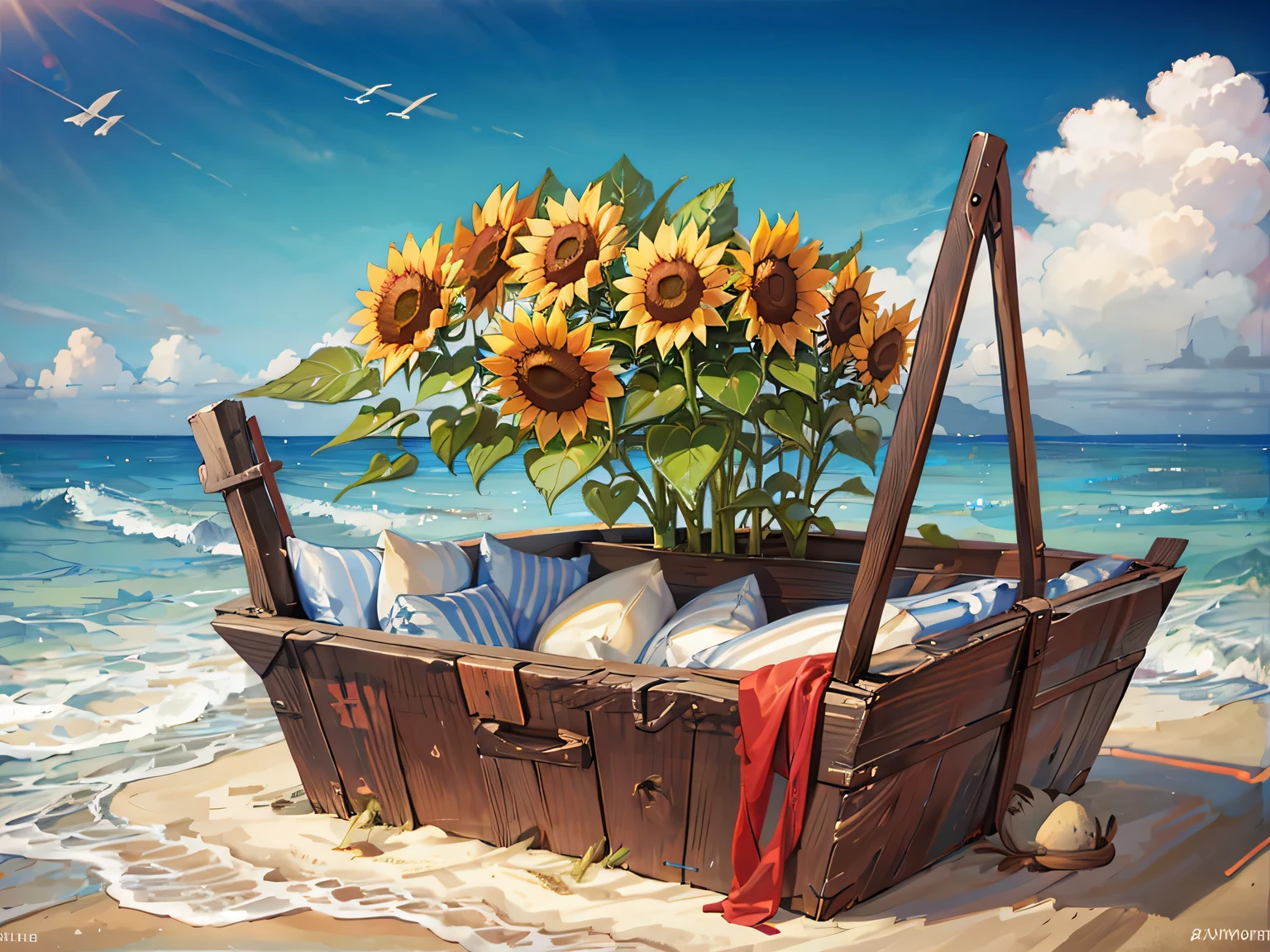Wooden boat, sunflower, Wooden crate carrying sunflowers, beach, sandy beach