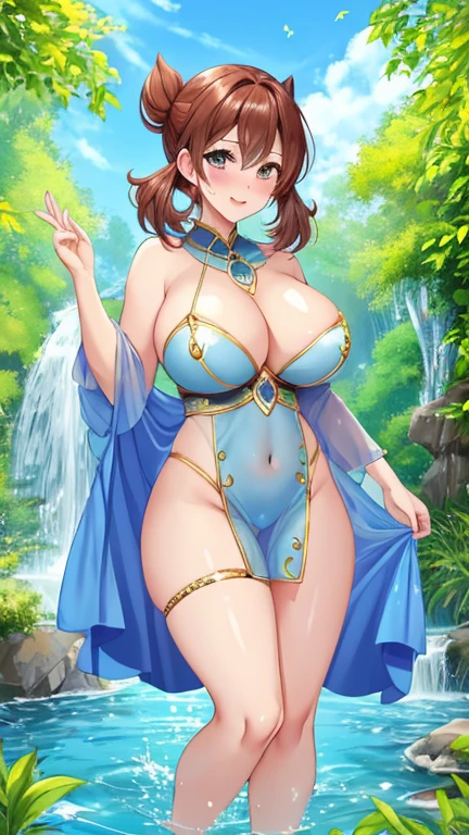 (top-quality, 8K, masterpiece:1.3)), misty ((Pokémon)), A , Matuge stunning goddess shot, the extremely hot and sexy, powel and huge, jaw dropping beauty, goddess of Japan, medium breasts, Big high visible)eautiful woman with perfect body shape:1.4, Slender Abs:1.1, Highly detailed facial and skin texture, A detailed eye, young woman, sexy pose, navel, happyce, blush, eyewear on the head, (looking at from the front), Look at the camera, masterpiece, best quality, pussy cameltoe in a transp blue sheer dress with gold embroidery, top stripped at breast making her breast naked,ing the beautiful by sta in water in front of a waterfall and playing by splashing water with butterflies, dress waving by air exposing her bofull body, high detail
