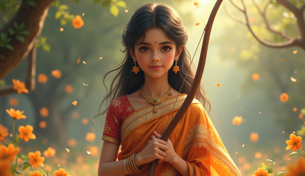 Kerala girl in traditional dress, in hand a bow, background faling flowers 
