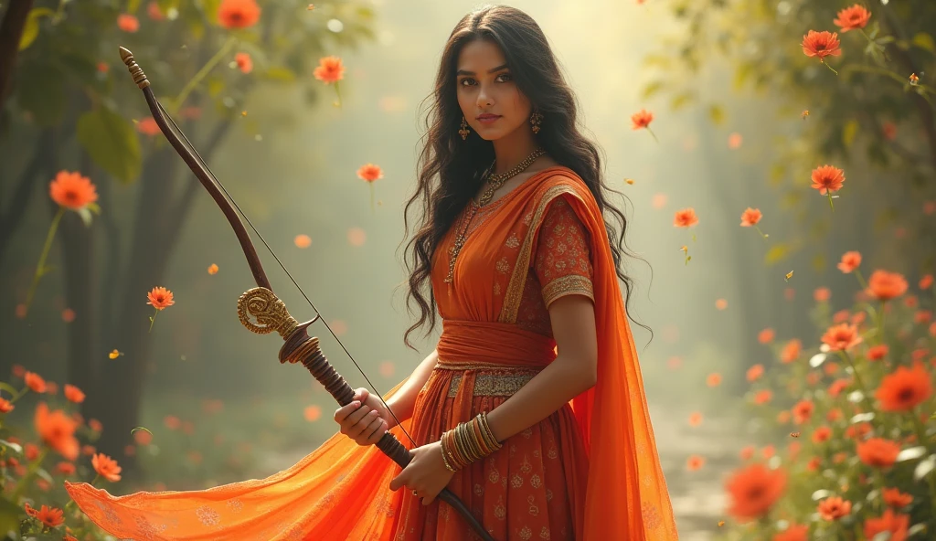 Kerala girl in traditional dress, in hand a bow, background faling flowers