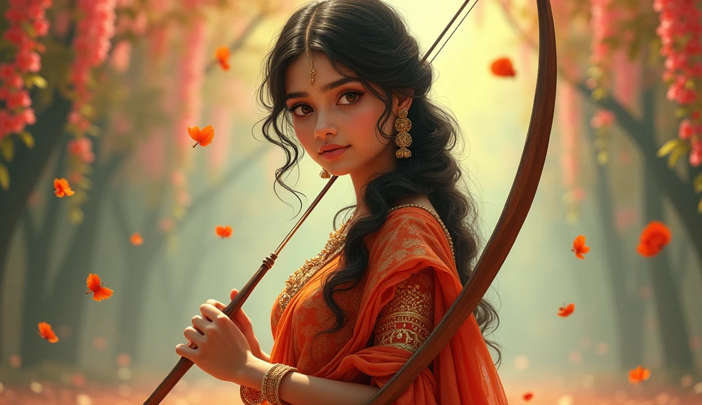 Kerala girl in traditional dress, in hand a bow, background faling flowers