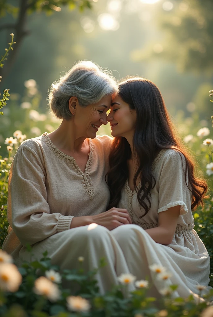 A 3D photo with digital of mother 50 years old with grey hair and daughter 30 years old with long brown hair, sitting on ethereal garden, close each to other