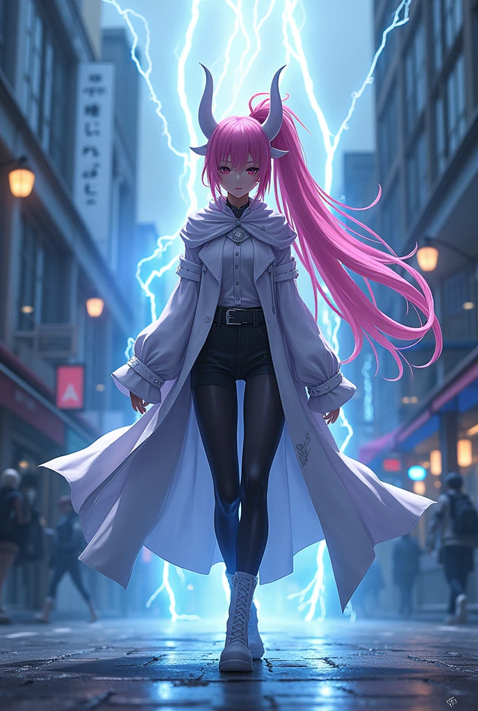 Create a femboy character with long pink hair tied in an anime ponytail with white demon horns on his head while lightning bolts come out of his hair as he walks down the street