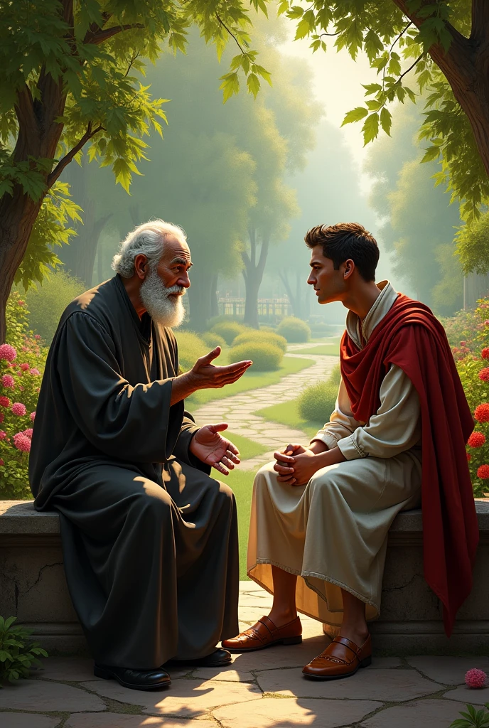An elderly priest talking to a rich young man, they are both sitting on a bench in a garden