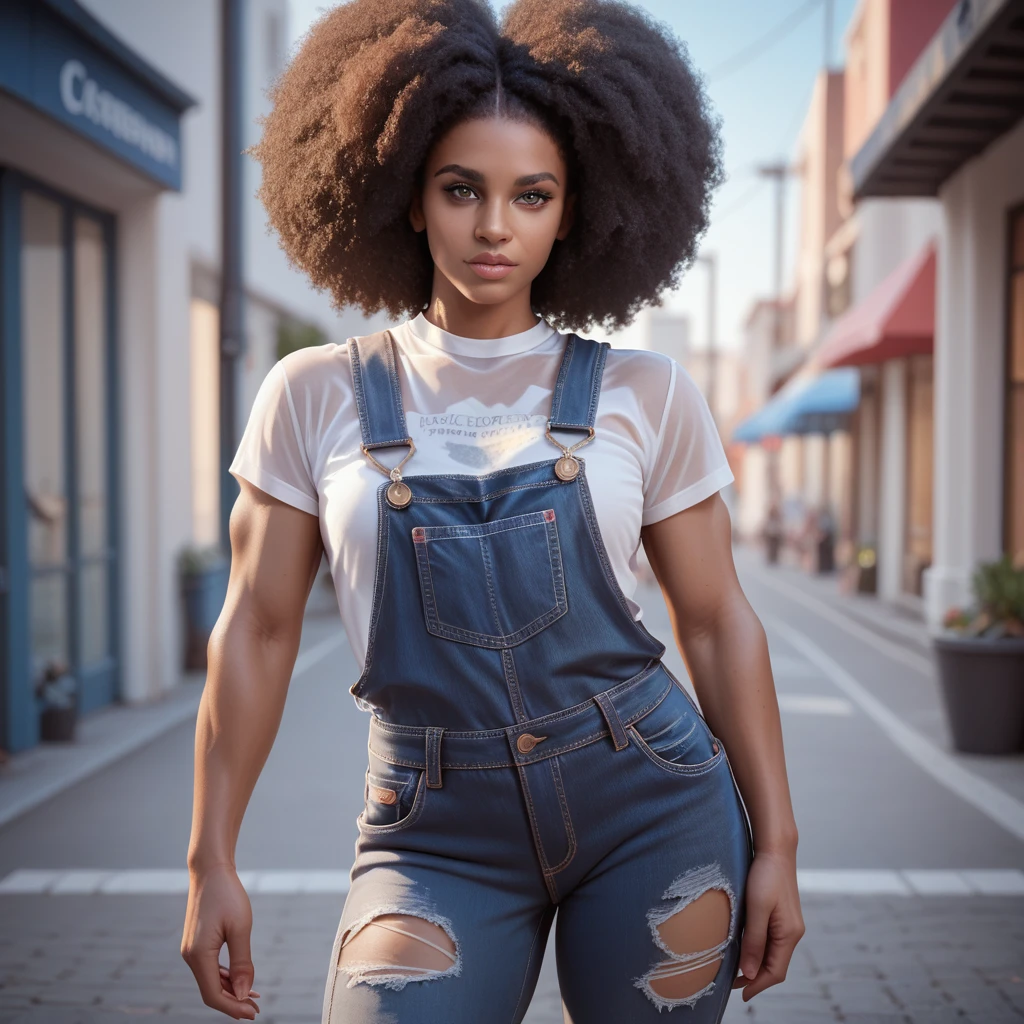 Afro Rastafarian WOMAN FRONT STANDING MUSCLE SENSUAL THREE-COLOR CARAMEL HAIR punk ripped shirt OVERALLS satin transparent translucent purple ,Create a COLORFULL-clothed female anime character in a bot model