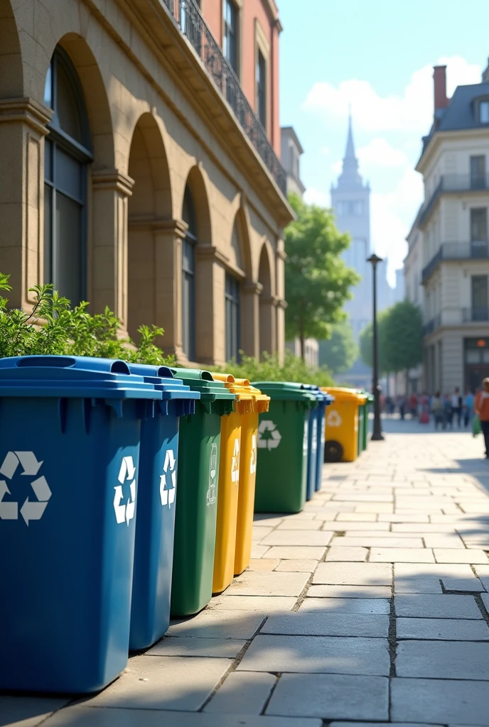 generate an image of recycling bins lined up on a sidewalk near a square
