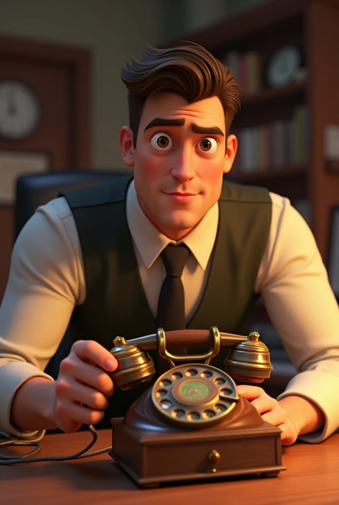 A man working on a telephone set, , with light brown eyes, in a formal outfit Disney Pixar Version