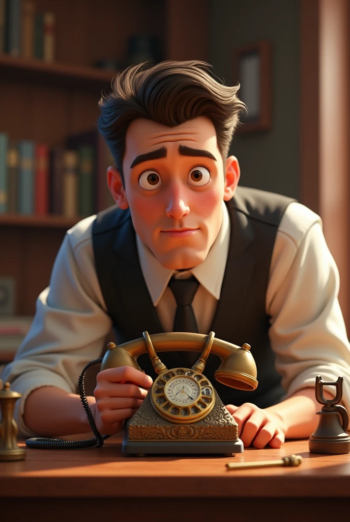 A man working on a telephone set, , with light brown eyes, in a formal outfit Disney Pixar Version