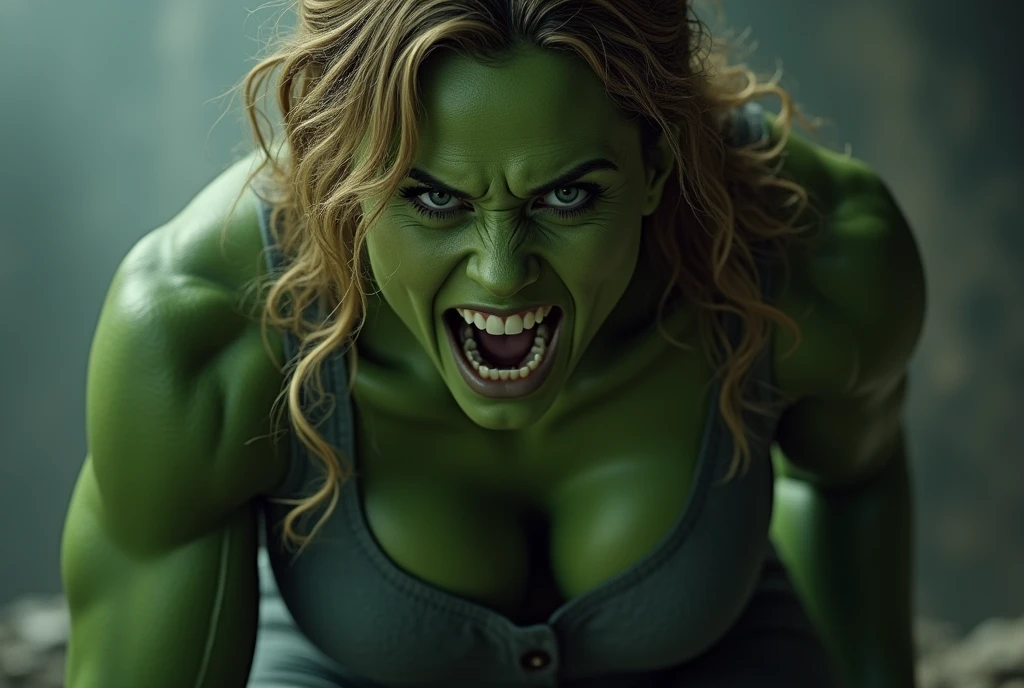 (photorealism:1.2),a woman with green paint on her face, angry scarlett johansson, hulk, incredible hulk, ultra realistic vfx, the incredible hulk, emma watson as hulk, incredible vfx, scarlett johansson as thanos, the hulk, scarlett johanson, hulkish, mcu effects, hulking, green facemask, scarlet johansen, green skinned, starring in thor ragnarok film, hd vfx