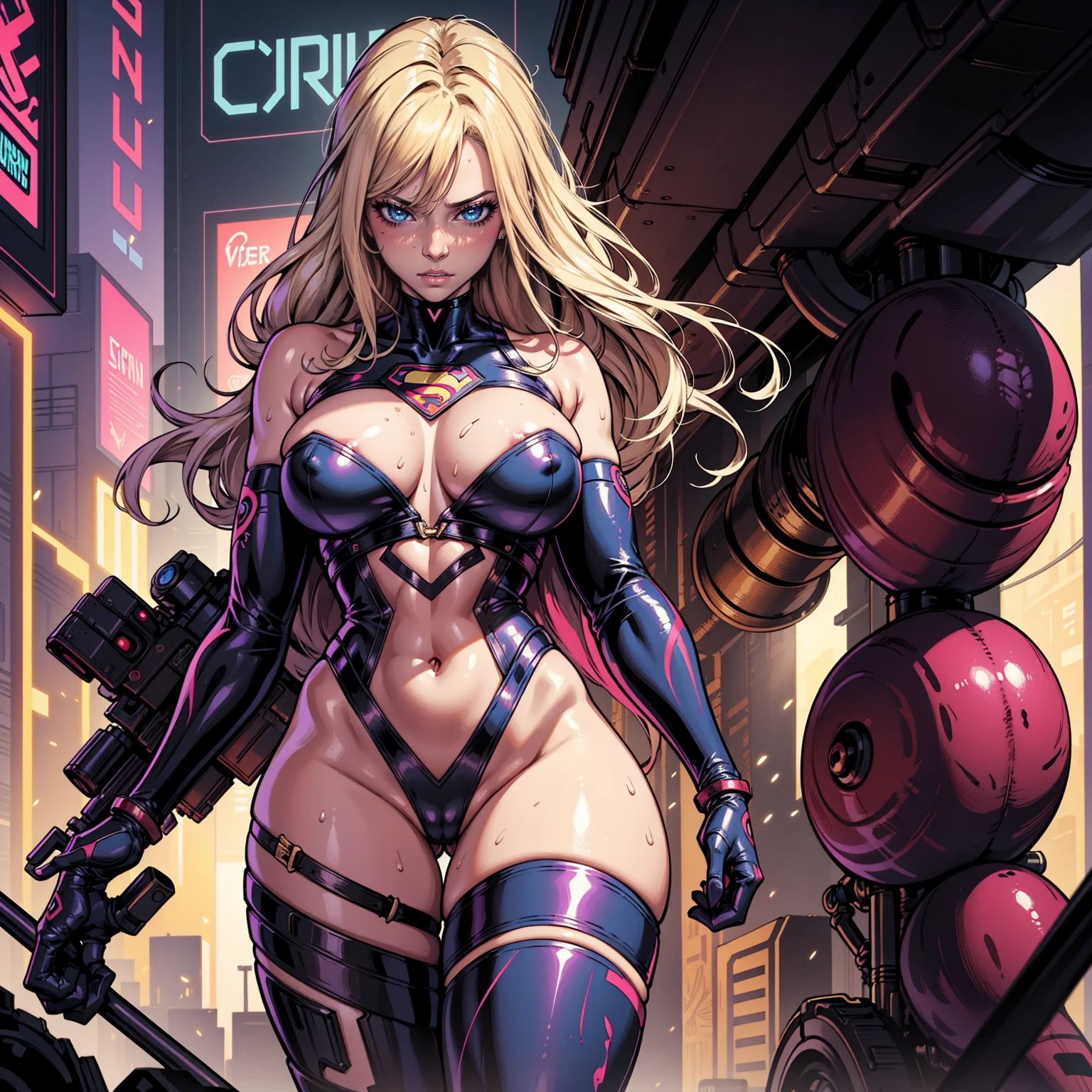 Masterpiece, best quality, 4k, Insanely Definition, uncensored, rating explicit, full body, painting of supergirl merging with venom, long hair, cyberpunk art by Josan Gonzalez, winner of the behance contest, afrofuturism, synthwave, neon, shiny neon, thick thighs, thin waist, sensual, nsfw, little clothing, erotic art, anime, torn battle clothes, extremely sexualized, sweaty body, NSFW, big breasts, big ass, perfect body, Highlight the body, detail on the perfect face, detail in the background