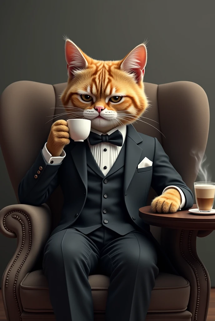 un Grumpy Cat, who was sitting in an elegant suit, drinking black coffee, specifically an espresso. sitting in a chair, having a table next to it, with a cup of coffee in hand. The background was grey, but highlighted the depth.