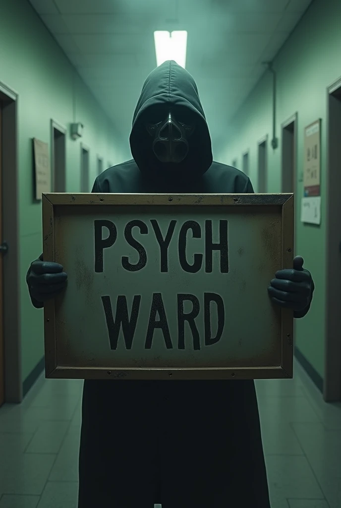 Man in suit wearing hockey mask holding psych ward sign