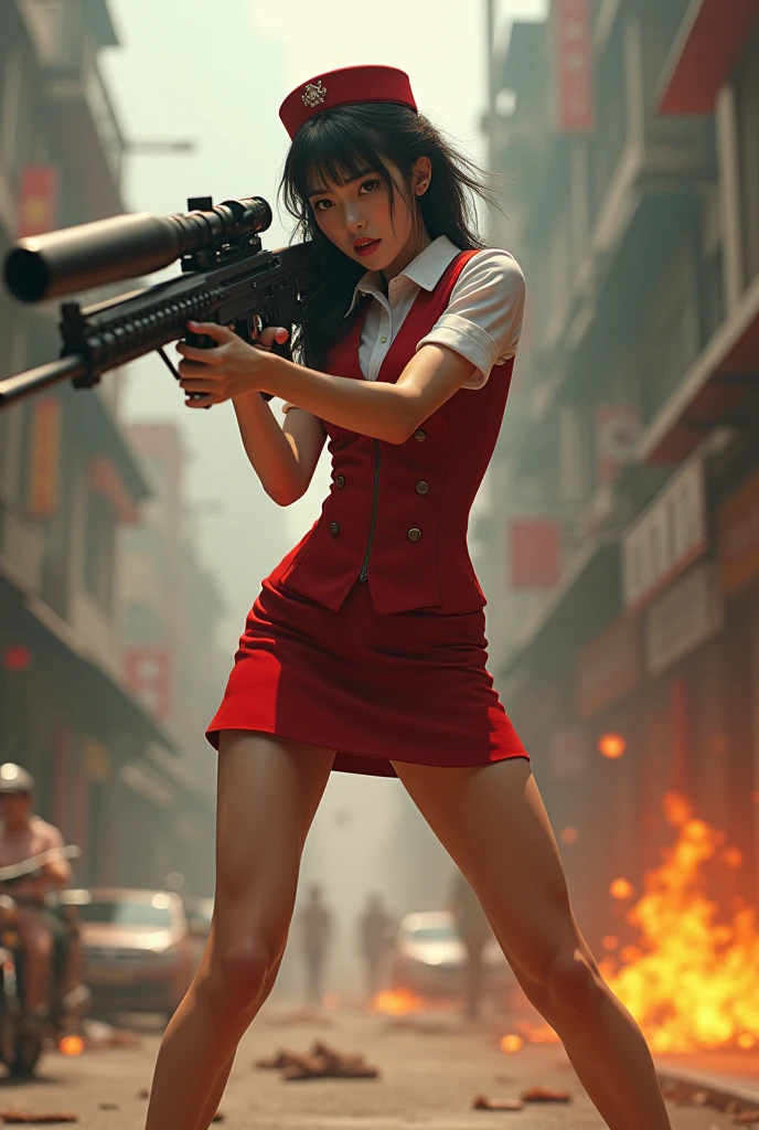 beautiful chinese 空姐 mini skirt realistic long machine gun toting real person legs spread apart standing rampage shooting side target facing 


