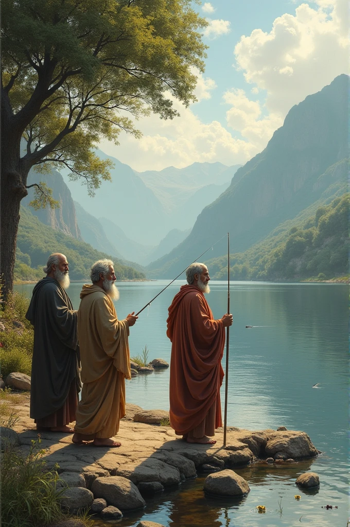 Plato, Aristotle and Socrates fishing by the lake