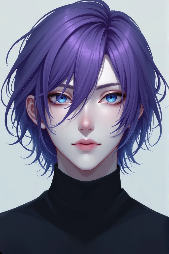 A man with purple hair, blue eyes, white skin, elegant 