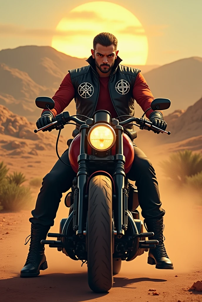 Motorcyclist with a vest with the Satans Coat of Arms riding a Harley Davidson in the Northeastern Sertão with a red shirt, black pants, Black leather boots and vest with the Satan card on the front and the Satan Crest on the back with the head facing forward