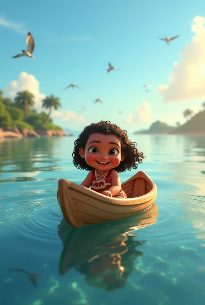The image shows Moana, still charming scene at sea. She is in a small canoe, with a big smile on its face, curiously observing the crystal clear waters around him. The sky is blue and the sun shines brightly, illuminating the scene with a soft golden light. The sea is calm and peaceful, reflecting the sky and creating a serene environment. Ao fundo, you can see some distant tropical islands and a group of birds flying, completing the tropical and paradisiacal landscape.