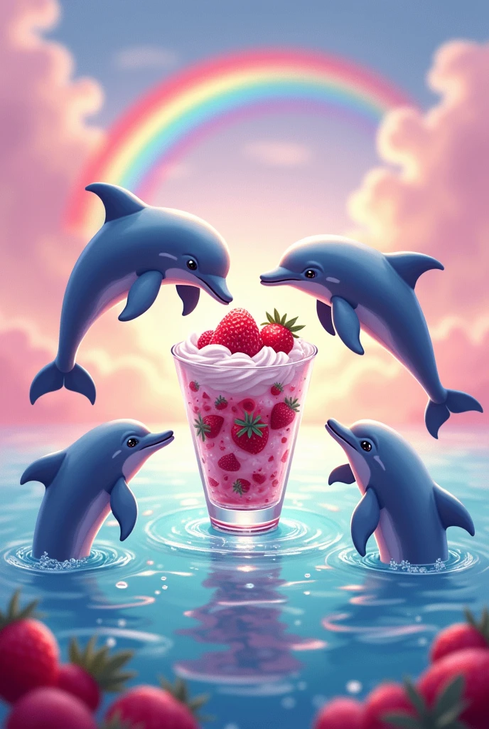 Dolphins jumping over the water to eat a glass of strawberries with cream, but the landscape comes out with pink touches and a RAINBOW