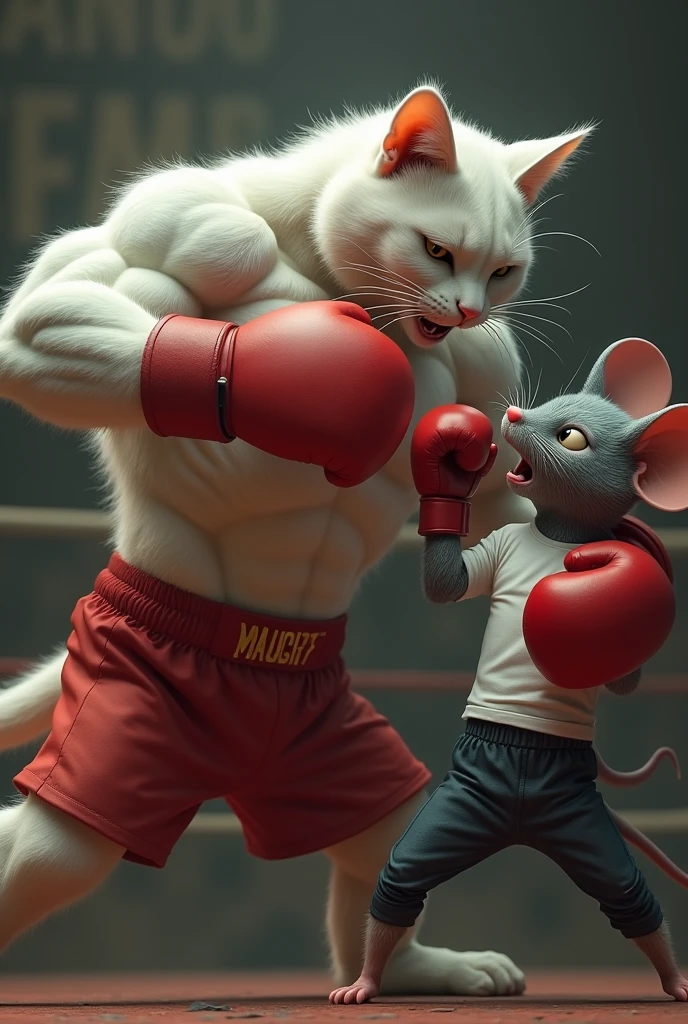 The white realistic muscular bodybuilder daddy cat wearing red shorts and red boxing gloves put a punch on the realistic grey mouse’s wearing t-shirt and trousers and red boxing gloves face.Visual Elements: A dramatic action scene where the daddy cat’s red boxing glove connects with the grey mouse’s face. The mouse’s expression shows shock and pain.