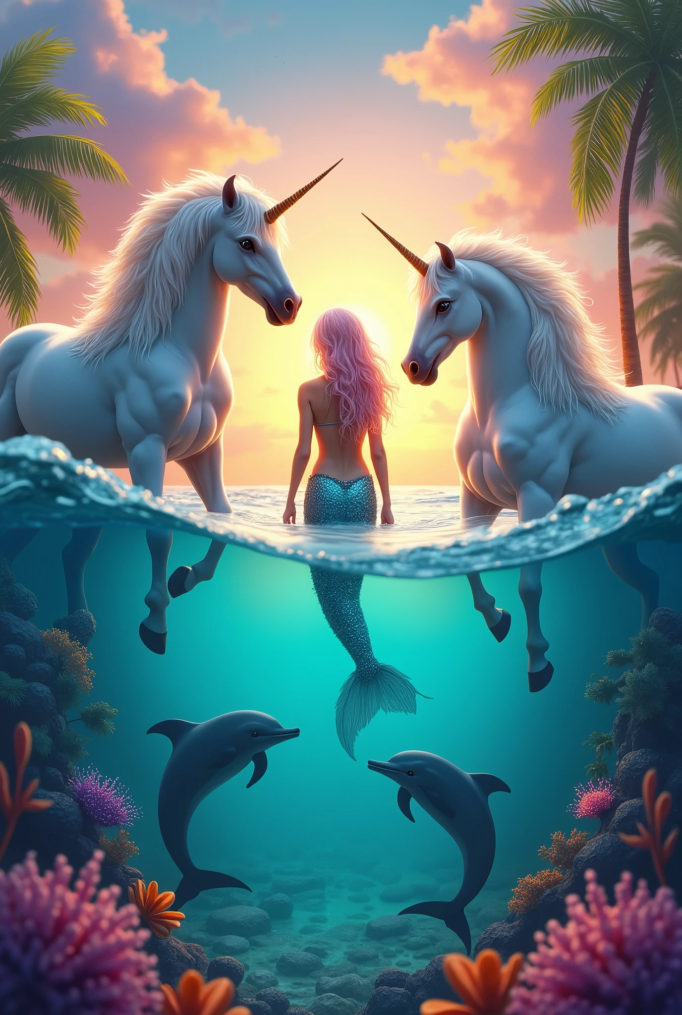 From the top of the image: (1 lush unicorn looking left and 1 lush unicorn looking right);
En el centro de la imagen: (a beautiful mermaid with colorful hair);
Na parte inferior da imagem: (3 dolphins jumping over beautiful corals);
(beautiful rainbow in the background of the image);