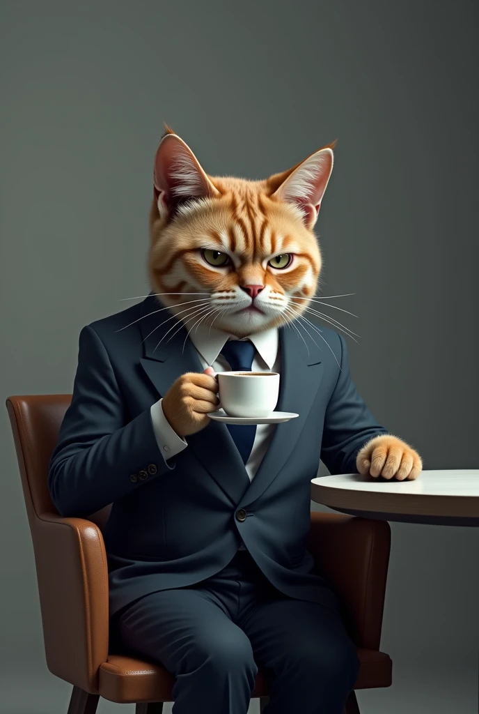 un Grumpy Cat, who is sitting in a smart suit, drinking black coffee, specifically an espresso. sitting in a chair, having a table next to it, with a cup of coffee in hand. The background was grey, but highlighted the depth.