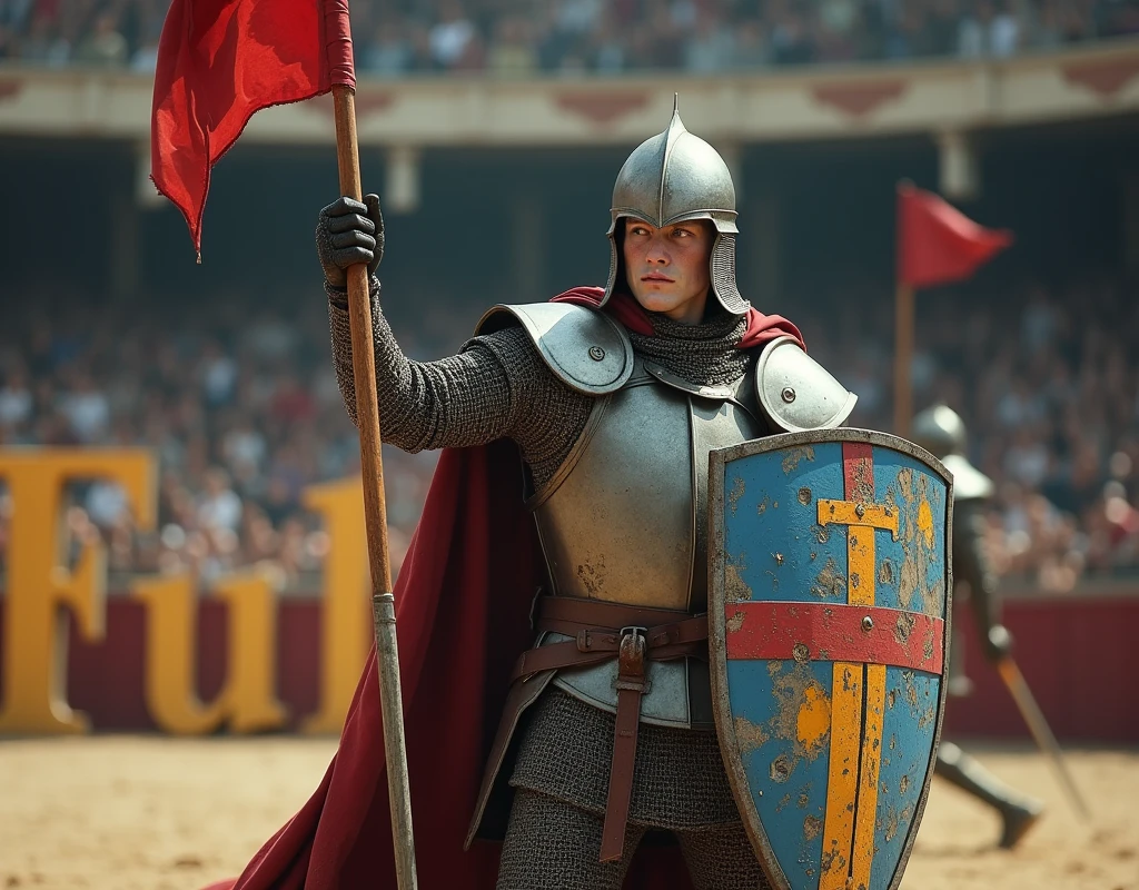 A film scene with a pikeman brandishing a (banner blue and red shield with thin vertical yellow sword painted upwards coat of arms), and carrying a sword, damaged by fighting. (medieval battered chain mail, helmet, gloves, very battle-damaged). He has white skin and scars his face. (He's on a arena with the words "Fulcaire" written in large golden letters in the foreground).