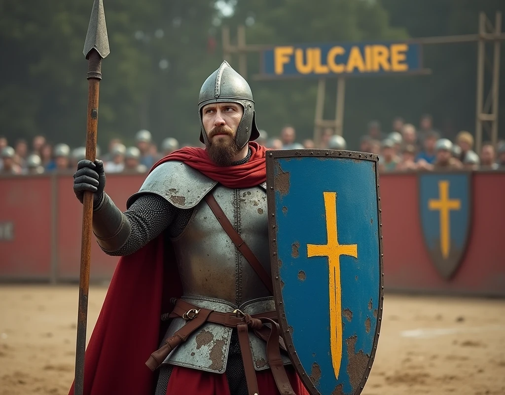 A film scene with a pikeman brandishing a (banner blue and red shield with thin vertical yellow sword painted upwards coat of arms), and carrying a sword, damaged by fighting. (medieval battered chain mail, helmet, gloves, very battle-damaged). He has white skin and scars his face. (He's on a arena with the words "Fulcaire" written in large golden letters in the foreground).