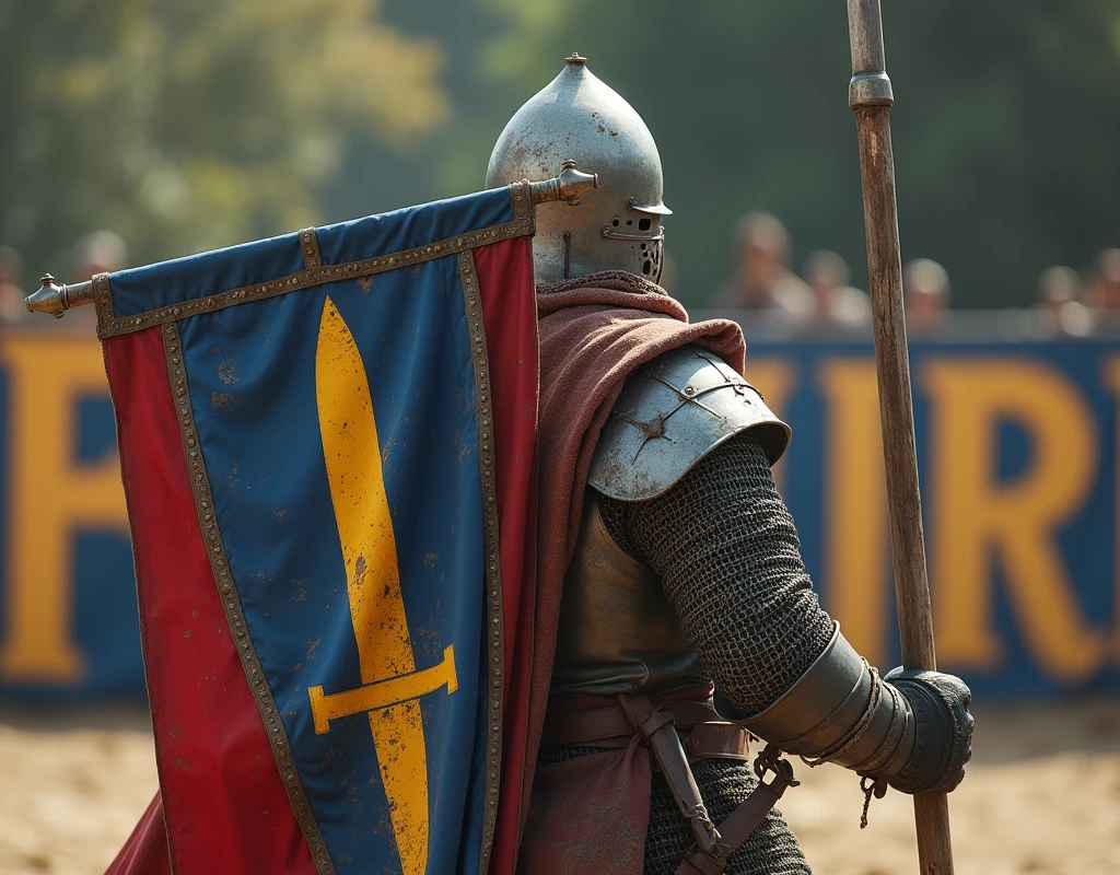 A film scene with a pikeman brandishing a (banner blue and red shield with thin vertical yellow sword painted upwards coat of arms), and carrying a sword, damaged by fighting. (medieval battered chain mail, helmet, gloves, very battle-damaged). He has white skin and scars his face. (He's on a arena with the words "Fulcaire" written in large golden letters in the foreground).