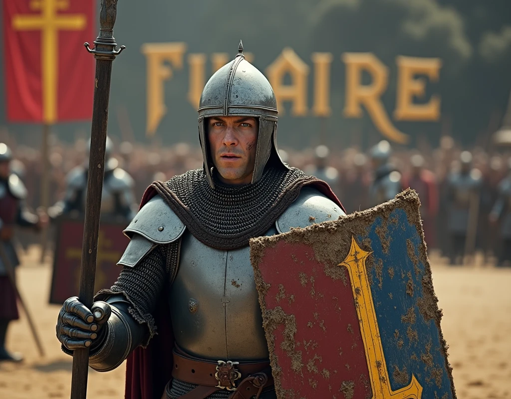 A film scene with a pikeman brandishing a (banner blue and red shield with thin vertical yellow sword painted upwards coat of arms), and carrying a sword, damaged by fighting. (medieval battered chain mail, helmet, gloves, very battle-damaged). He has white skin and scars his face. (He's on a arena with the words "Fulcaire" written in large golden letters in the foreground).