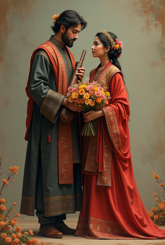 afghan couples both are in traditional dress man hold rubab while women hold flowers