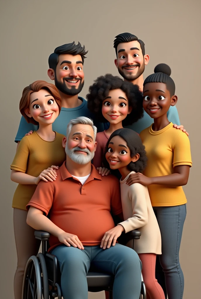 You can create a 3D image of a family consisting of the following members:
1. a 60-year-old woman of 1,50m tall with short brown hair 2. a 60 year old man in a wheelchair with black hair and no beard 3. A 35-year-old man with slight overweight, white skin and black hair of 1,75m tall and no beard 4. A 35-year-old man, 170 cm tall, white skin, black hair and no beard.. a 2 woman with thin white skin, brown hair with blonde highlights 6. A 3 woman with cinnamon skin and black hair 7. a girl with cinnamon skin and dark hair ?
There are 3 women in total. , 3 men and a girl