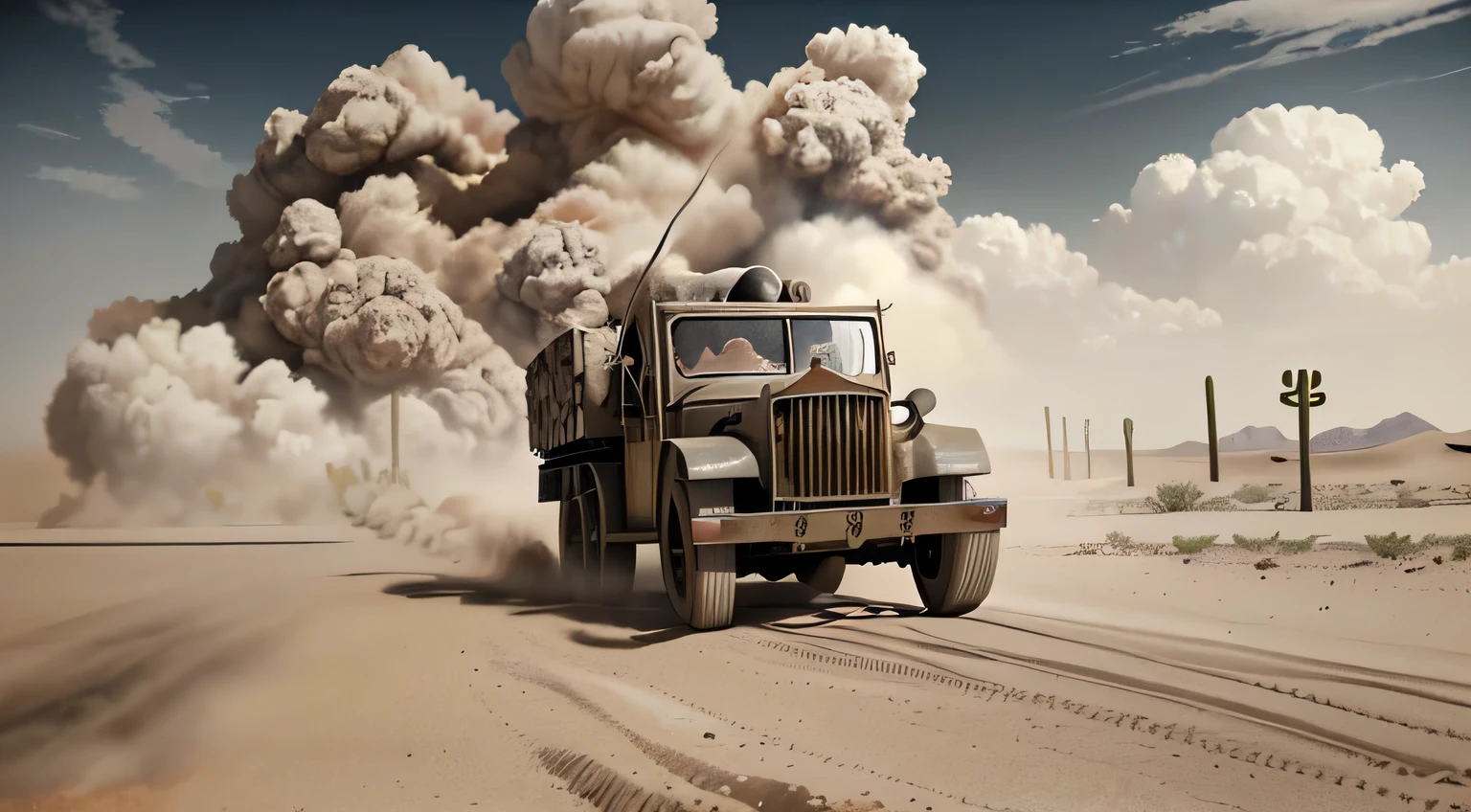 Jack and Jo-Anne, in their old, fast-moving war truck, try to escape the siege being formed by the anti-Christian army in the middle of the hot desert and the clouds of dust formed by the incessant wind.
