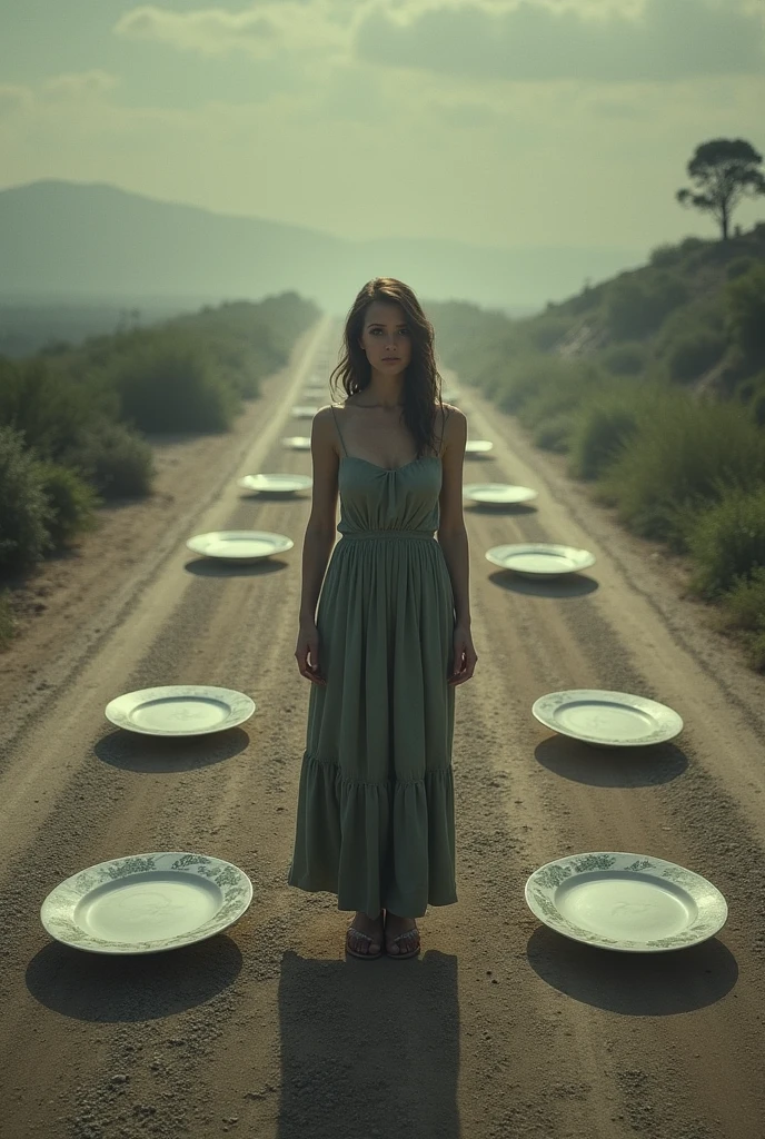 a woman on a forked road then stands at a crossroads, with plates in different location orientations, 