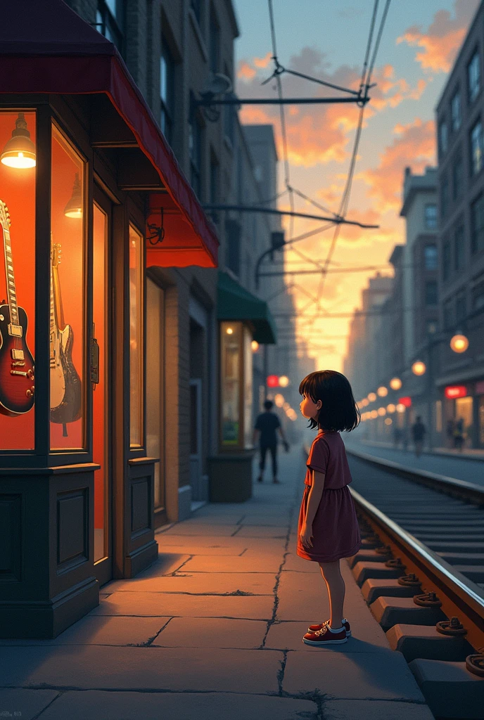 A girl looking at a guitar store. The store is across the train tracks. It&#39;s 6 am and it&#39;s dawning. 