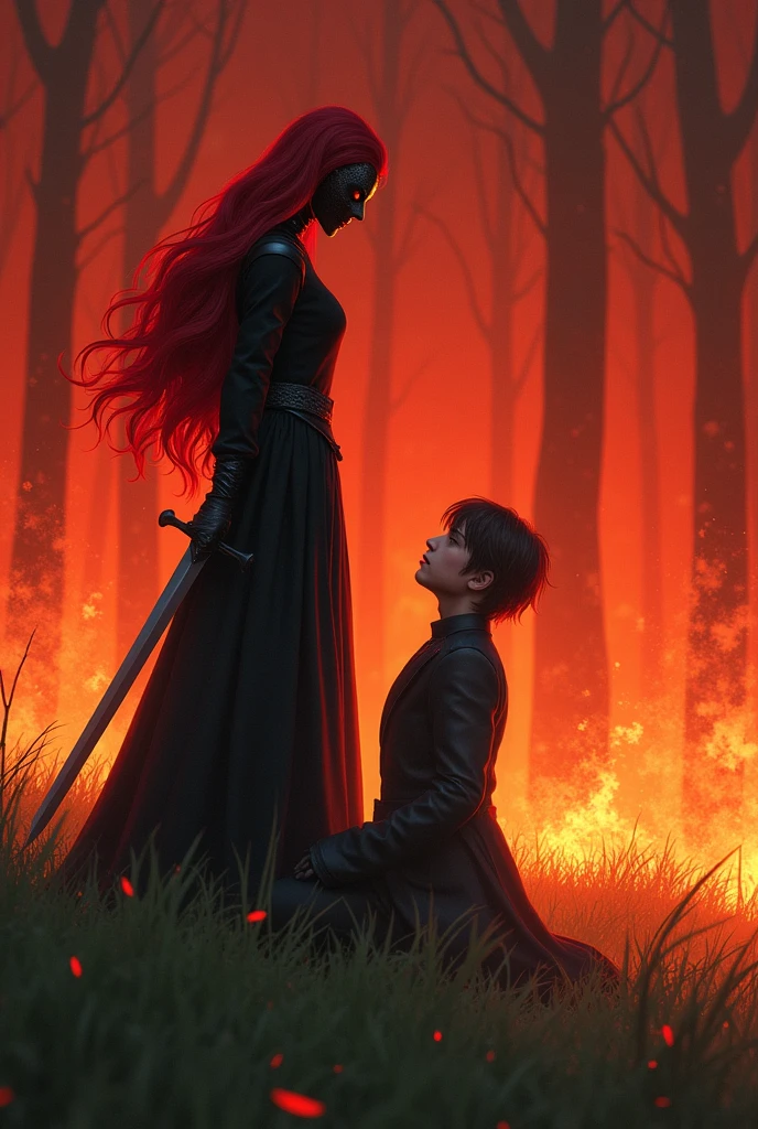The red-haired princess and her mask on her face in an environment with red flames, kneeling before him with a sharp sword hidden behind his back, handsome, brunette and straight hair, The red-haired princess is smiling slyly at the prince, who is looking at the princess&#39;s angry and sly gaze with pleading eyes..The atmosphere is vivid and realistic, like a forest burning red, The green field burns in red. The prince kneels before the princess. JUST LIKE I TOLD YOU, CREATE THIS AS I TOLD YOU. NO, THE PRINCE KNEELS BEFORE THE PRINCESS..The princess looks taller than the prince, but the prince has fallen to the ground. The princess looks at him as if she is pleading. The princess grins slightly and looks into the prince&#39;s eyes..Prince, He kneels before his lady