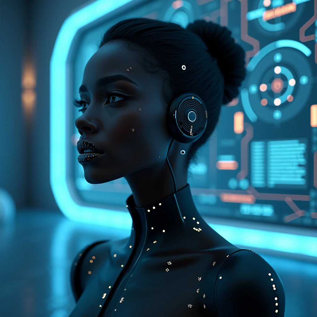 Cover design for a song about distrust and artificiality towards a woman created by an AI. The image must include a black woman with fine features, and with an appearance that mixes human and technological elements, highlighting that it is 'made in an AI'. Use digital elements, as circuits or programming codes, to accentuate the artificiality. The scenario may be futuristic, with predominant colors in blue and silver. The woman must look elegant, but with an aura of mystery and a very slight touch of 'robotization'