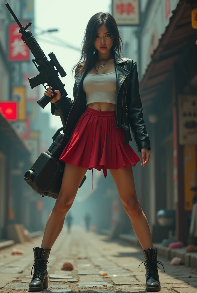 Heavy metal School Girl, post-apocalyptic city, insanely detailed real shiny skin, masterpiece body quality, red black skirt, real color, erotic and sensual, d cup, big chest, sunglasses, 8k resolution🔥, Miki Asai Macro photography, close-up, hyper detailed, trending on artstation, sharp focus, studio photo, intricate details, highly detailed, cinematic by zack snider