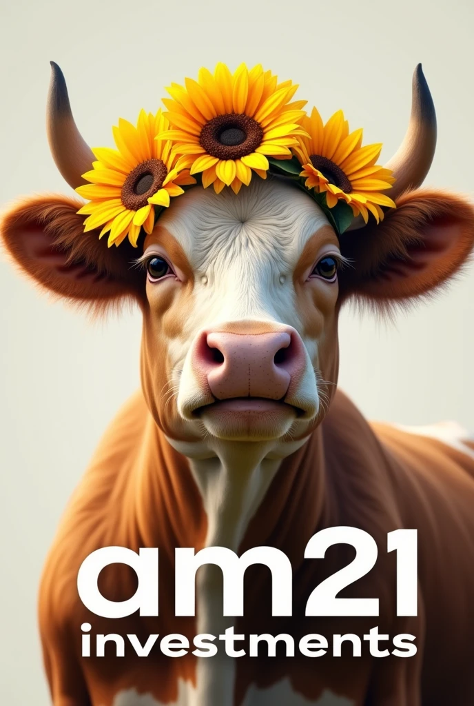 Cow with realistic sunflower headband add text: AM21 INVESTMENTS 